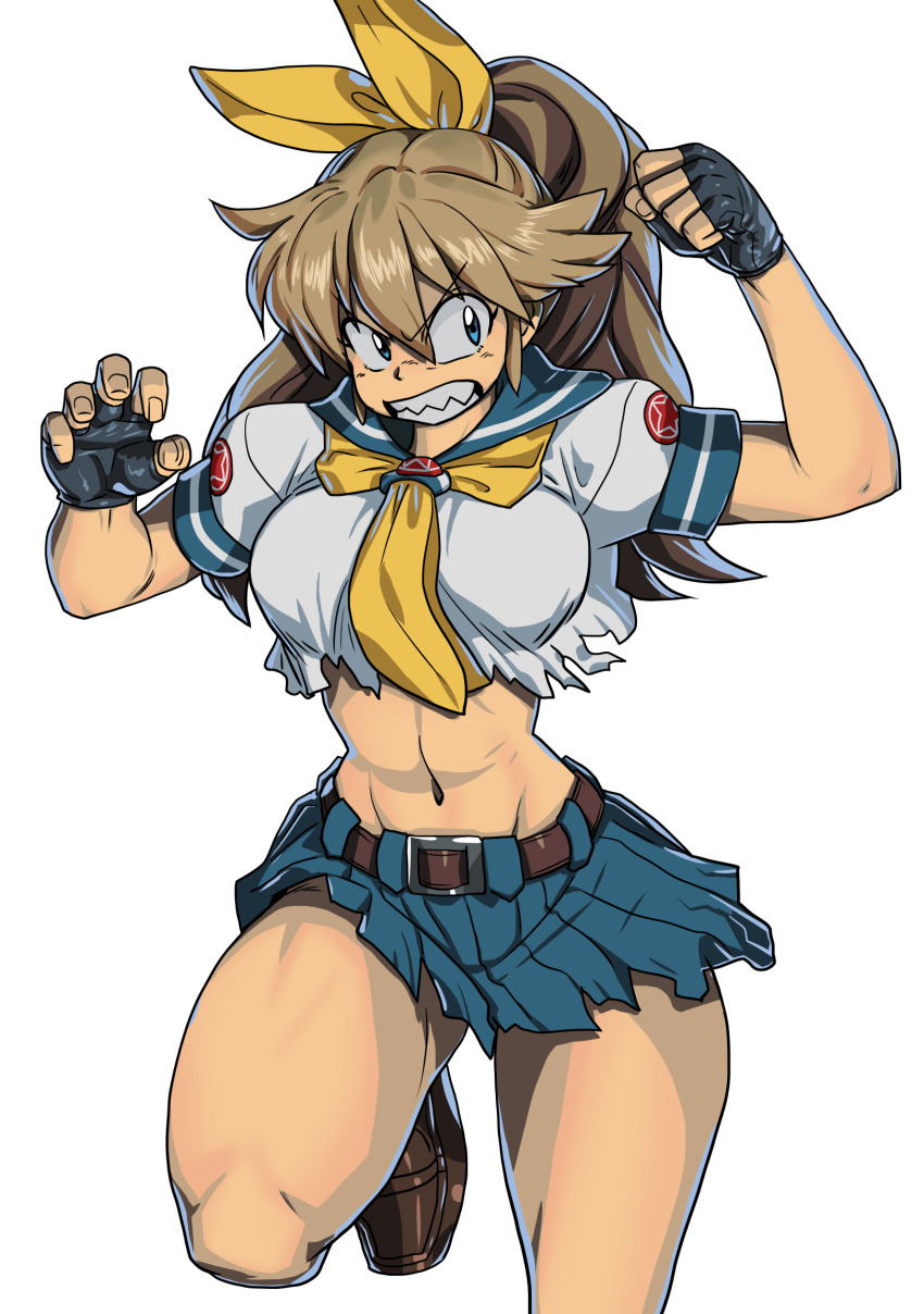 1girl belt black_gloves blue_eyes blue_skirt bow brown_hair fingerless_gloves gloves hair_between_eyes hair_bow highres loafers m.u.g.e.n midriff navel original pleated_skirt ponytail ryuko_(oggyoggy) school_uniform serafuku sharp_teeth shoes short_sleeves skirt solo tagme teeth torn_clothes transparent_background yellow_bow