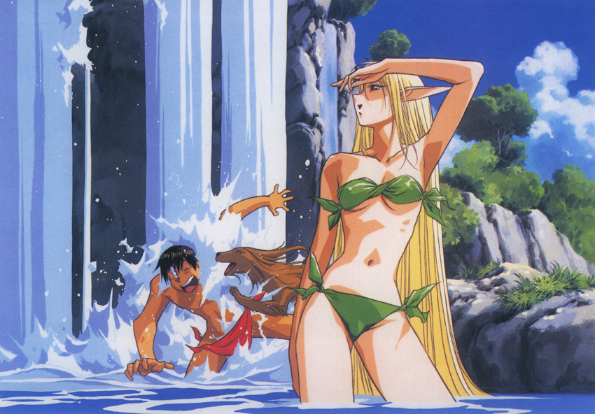 1990s_(style) 1boy 1girl arm_up bikini blonde_hair day deedlit green_bikini long_hair military military_uniform nature naval_uniform official_art outdoors parn_(lodoss) pointy_ears record_of_lodoss_war retro_artstyle scan side-tie_bikini_bottom strapless strapless_bikini stream swimsuit very_long_hair wading water waterfall