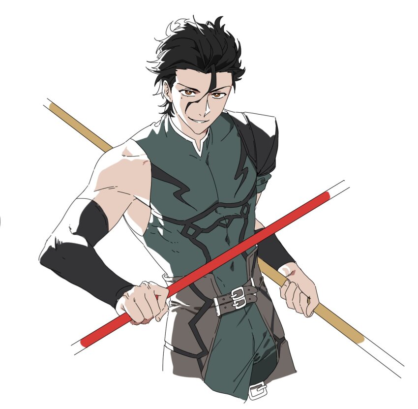 1boy ahoge black_hair commentary_request cropped_legs diarmuid_ua_duibhne_(fate) diarmuid_ua_duibhne_(lancer)_(fate) dual_wielding fate/zero fate_(series) gae_buidhe_(fate) gae_dearg_(fate) highres holding korean_commentary looking_at_viewer male_focus mole mole_under_eye pectorals polearm potato_goril sanpaku short_hair sidepec single_bare_shoulder smile solo spear toned toned_male weapon white_background yellow_eyes