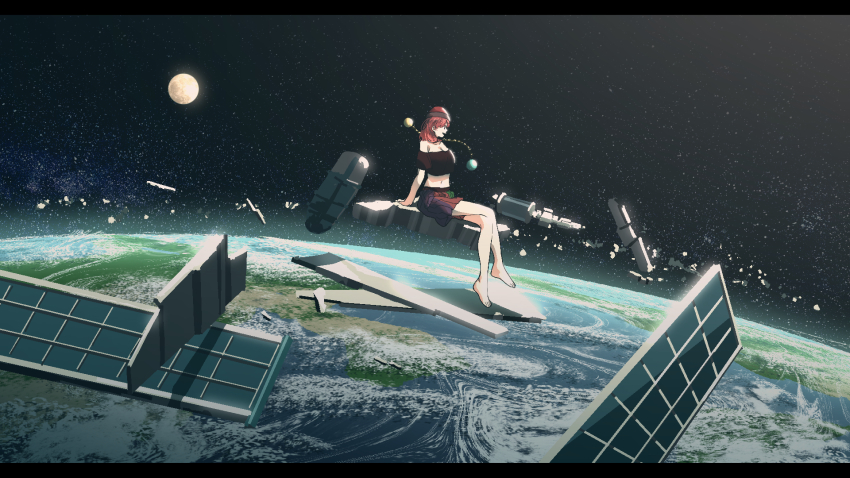 1girl arm_support arms_behind_back bare_legs bare_shoulders black_shirt breasts chain cleavage commentary_request crop_top crossed_legs earth_(ornament) earth_(planet) floating full_moon gold_chain green_skirt hair_ornament hecatia_lapislazuli highres irohasu_(sasagarasu) letterboxed midriff miniskirt moon moon_(ornament) multicolored_skirt off-shoulder_shirt off_shoulder open_mouth orbit partial_commentary plaid_clothes plaid_skirt planet planet_hair_ornament profile purple_skirt red_eyes red_hair red_skirt ruins satellite shards shirt sitting sitting_on_object skirt sky solar_panel solo space spacecraft star_(sky) starry_sky touhou zero_gravity