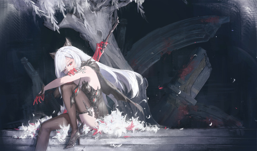 1girl absurdres armlet bare_shoulders berenica_(duet_night_abyss) black_dress black_thighhighs breasts chinese_commentary commentary_request dress duet_night_abyss eggmam_2000 flower high_heels highres jewelry knee_up long_hair looking_at_viewer medium_breasts red_eyes sitting solo sword thighhighs thighs tree weapon white_flower white_hair