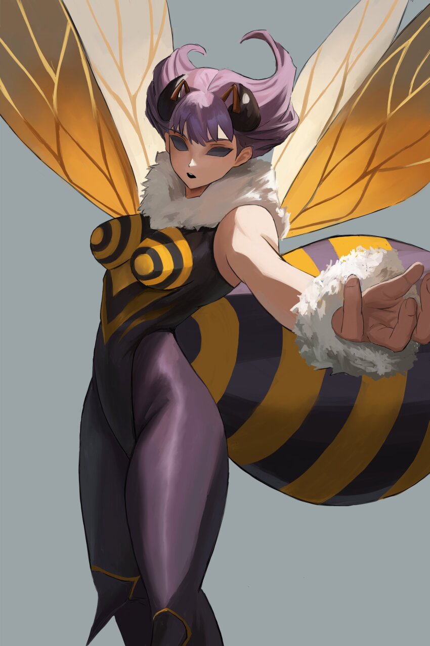 1girl absurdres arthropod_girl bare_shoulders bee_girl black_leotard black_pantyhose black_sclera breasts colored_sclera cowboy_shot darkstalkers grey_background highres hyakka_(momokashinryu14) insect_girl insect_wings leotard medium_breasts medium_hair pantyhose purple_hair q-bee simple_background solo wings yellow_leotard