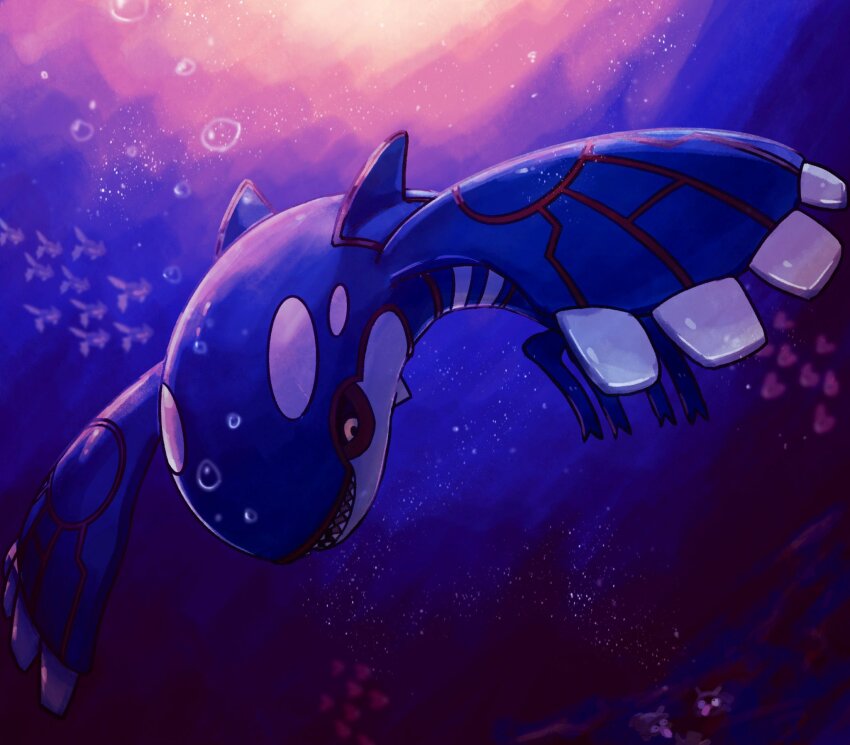air_bubble black_sclera blurry bubble colored_sclera commentary_request fish gen_1_pokemon gen_2_pokemon gen_3_pokemon highres kyogre legendary_pokemon luvdisc mozu_(teluto) nintendo no_humans open_mouth pokemon pokemon_(creature) remoraid sharp_teeth shellder teeth underwater yellow_eyes