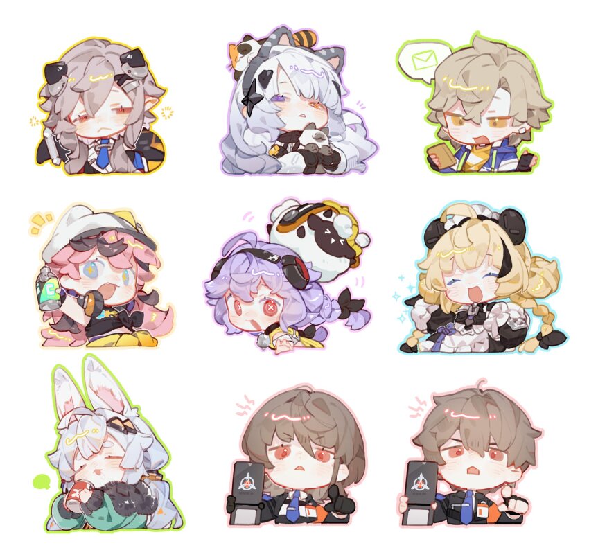 &gt;_&lt; +_+ 1boy 6+girls ^_^ ahoge aileen_(ananta) alan_(ananta) ananta animal animal_ear_fluff animal_ear_headphones animal_ear_headwear animal_ears animal_on_head apron aqua_coat black_bow black_coat black_dress black_gloves black_hair black_headphones black_pants black_scarf black_shirt black_sleeve_cuffs blue_eyes blue_jacket blue_necktie blue_outline blunt_bangs blunt_ends bottle bow bow_apron braid breast_pocket bright_pupils brown_hair buttons cabbie_hat calico can cat cat_ear_headphones cat_on_head cellphone character_request chibi closed_eyes clothes_around_waist coat collared_coat collared_dress collared_shirt cropped_torso dila_(ananta) double_bun dress drink_can drinking drooling envelope excited eyelashes fake_animal_ears fingerless_gloves frilled_apron frills fur-trimmed_coat fur_trim gloves green_outline grey_hairband grey_necktie hair_between_eyes hair_bow hair_bun hair_ornament hair_tie hairband hairclip half-closed_eyes hand_on_own_hip happy hat headphones headphones_around_neck heterochromia highres holding holding_animal holding_bottle holding_can holding_cat holding_pen holding_phone hood hood_down hooded_jacket jacket jacket_around_waist lecturing long_hair long_sleeves looking_at_object loose_hair_strand low_ponytail low_twin_braids mafuin_da maid maid_headdress mechanika_(ananta) messy_hair midriff motion_lines multicolored_hair multiple_expressions multiple_girls name_tag necktie notice_lines on_head open_clothes open_coat open_jacket open_mouth orange_eyes orange_headphones outline panda_ears pants pen phone pink_eyes pink_hair pink_outline pocket ponytail purple_bow purple_eyes purple_hair purple_outline rabbit_ears scarf shirt short_hair shout_lines siamese_cat sidelocks simple_background sleepy sleeveless sleeveless_shirt smartphone smile soda_can sparkling_eyes spoken_object star_(symbol) star_hair_ornament streaked_hair symbol-shaped_pupils taffy_(ananta) tie_clip tied_shirt triangle_mouth twin_braids unamused very_long_hair water_bottle wavy_hair white_apron white_background white_coat white_hair white_hat white_pupils white_shirt x-shaped_pupils x_hair_ornament yellow_jacket yellow_outline yellow_shirt