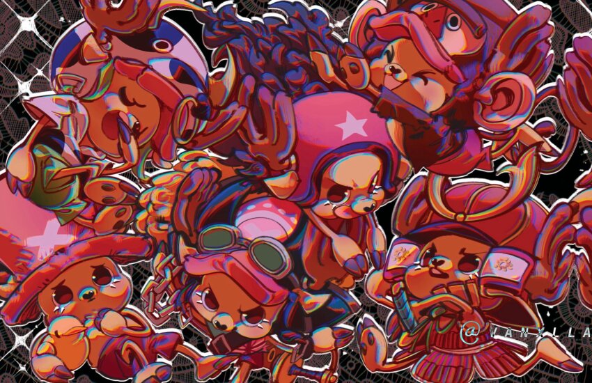 &gt;_&lt; 1boy antlers chromatic_aberration closed_eyes commentary goggles goggles_on_headwear hat highres hood horns looking_at_viewer male_focus multiple_views one_piece one_piece_film:_red pink_hat reindeer_antlers solo sword tony_tony_chopper twitter_username vanxllavina weapon