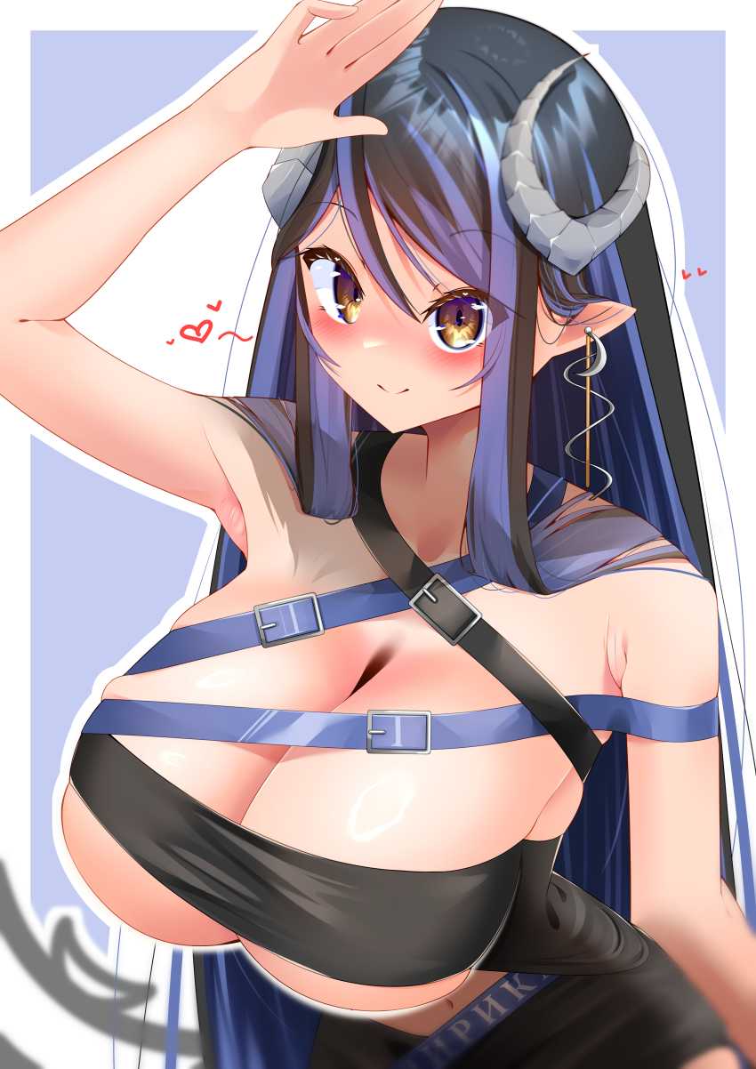 1girl absurdres arm_up armpits bandeau belt black_bandeau black_belt black_hair black_skirt blue_background blue_belt blue_hair blush breasts brown_eyes chest_belt cleavage closed_mouth commentary_request curled_horns demon_girl demon_horns grey_horns hair_between_eyes hebiyoi_tier hebiyoi_tier_(1st_costume) highres horns huge_breasts long_hair looking_at_viewer multicolored_hair nanashi_inc. navel no_jacket pointy_ears sidelocks skirt smile snake_bite solo two-tone_background two-tone_hair upper_body usami_(zanzanzaczac) virtual_youtuber white_background