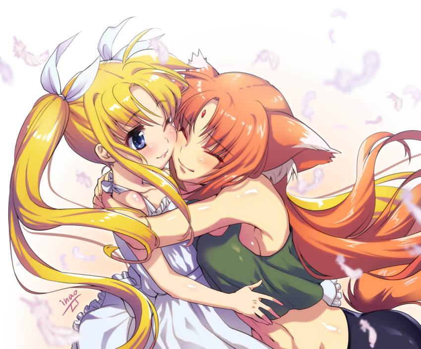2girls animal_ears arf artist_name black_shorts blonde_hair blue_eyes breasts cheek-to-cheek closed_eyes closed_mouth commentary_request dress fate_testarossa feathers forehead_jewel frilled_dress frills from_side fundoshi_inao green_shirt hair_ribbon heads_together hug long_hair looking_at_another lyrical_nanoha medium_breasts medium_dress midriff multiple_girls navel one_eye_closed parted_bangs red_hair ribbon shirt shorts sideboob signature smile standing sundress tail tank_top twintails upper_body white_background white_dress white_ribbon