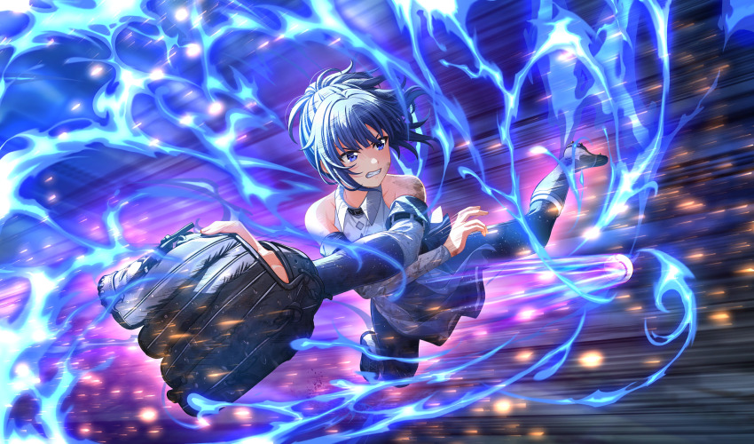 1girl aura ball baseball baseball_(object) baseball_glove baseball_uniform black_pantyhose blue_hair blunt_bangs boots cinderella_series clenched_teeth detached_sleeves dirty dress full_body game_cg grey_boots hachigatsu_no_cinderella_nine high_ponytail highres jumping looking_ahead motion_blur motion_lines multicolored_dress non-web_source official_art outdoors pantyhose playing_sports ponytail sagara_yoshino sleeveless sleeveless_dress solo speed_lines sportswear teeth throwing v-shaped_eyebrows