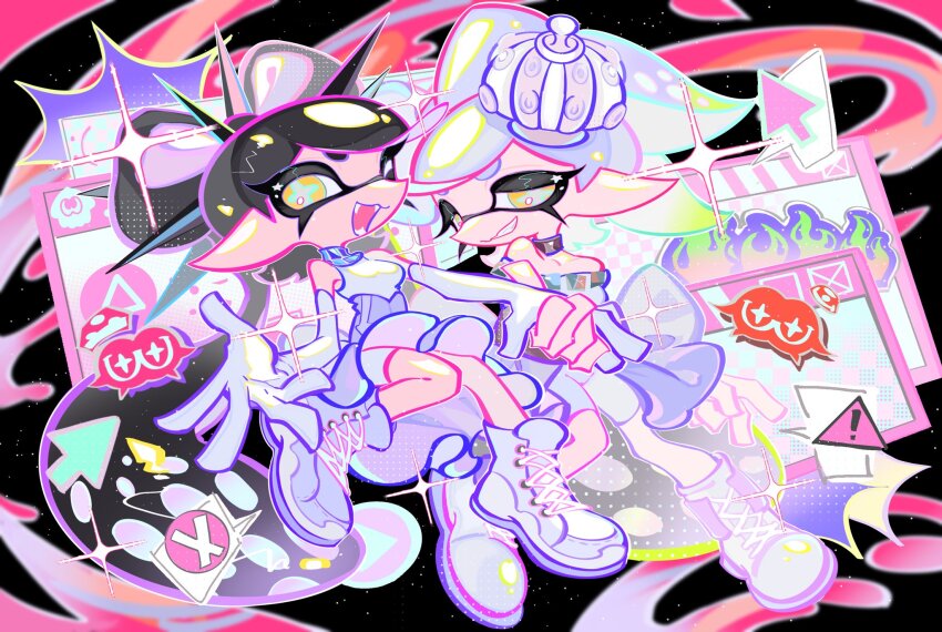 2girls black_background black_hair bow-shaped_hair breasts brown_choker callie_(grand_festival)_(splatoon) callie_(splatoon) chinese_commentary choker commentary_request cross-laced_footwear cross-shaped_pupils cursor elbow_gloves fangs full_body gloves grey_hair grin half-closed_eyes hat highres holding_hands inkling long_hair long_pointy_ears looking_at_viewer marie_(grand_festival)_(splatoon) marie_(splatoon) multiple_girls nintendo off-shoulder_shirt off_shoulder official_alternate_costume one_eye_closed open_mouth orange_eyes pink_pupils pointy_ears shirt short_hair shorts shorts_under_skirt skirt sleeveless sleeveless_shirt smile splatoon_(series) splatoon_3 symbol-shaped_pupils tentacle_hair twintails white_footwear white_gloves white_hat white_shirt white_shorts white_skirt window_(computing) xiaoyunatie