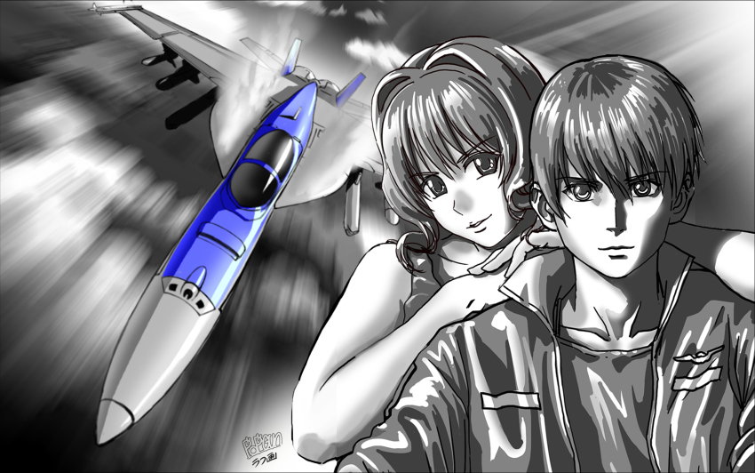 1boy 1girl aircraft airplane canopy_(aircraft) collarbone f/a-18e_super_hornet fighter_jet hair_intakes hand_on_another&#039;s_shoulder highres jacket jinguuji_marimo leather leather_jacket light_smile looking_at_viewer military military_vehicle motion_blur muv-luv ocean parody parted_lips popgun_(22882502) shirogane_takeru shirt short_hair spot_color tank_top top_gun vehicle_focus