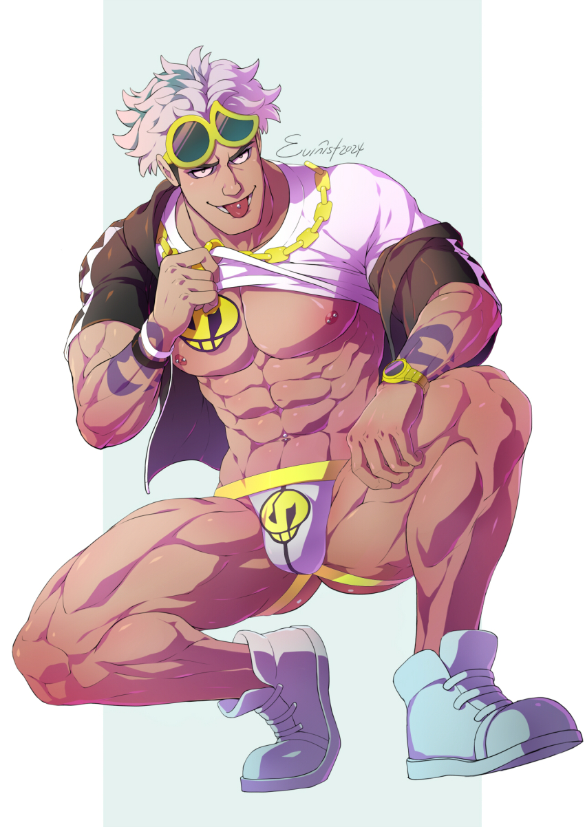1boy abs arm_tattoo artist_name bara bare_pectorals black_jacket bulge clothes_lift evinist eyewear_on_head gluteal_fold guzma_(pokemon) highres jacket jockstrap large_pectorals looking_at_viewer male_focus male_underwear muscular muscular_male navel nintendo nipples open_clothes open_jacket pectorals piercing pokemon pokemon_sm shirt shirt_lift short_hair solo sunglasses tattoo tongue tongue_out tongue_piercing underwear watch white_hair white_male_underwear white_shirt wristwatch