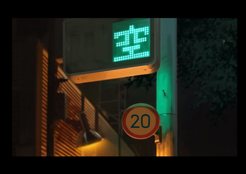 absurdres building city highres night no_humans original road_sign scenery sign speed_limit_sign sumassha_t_t traffic_light tree utility_pole