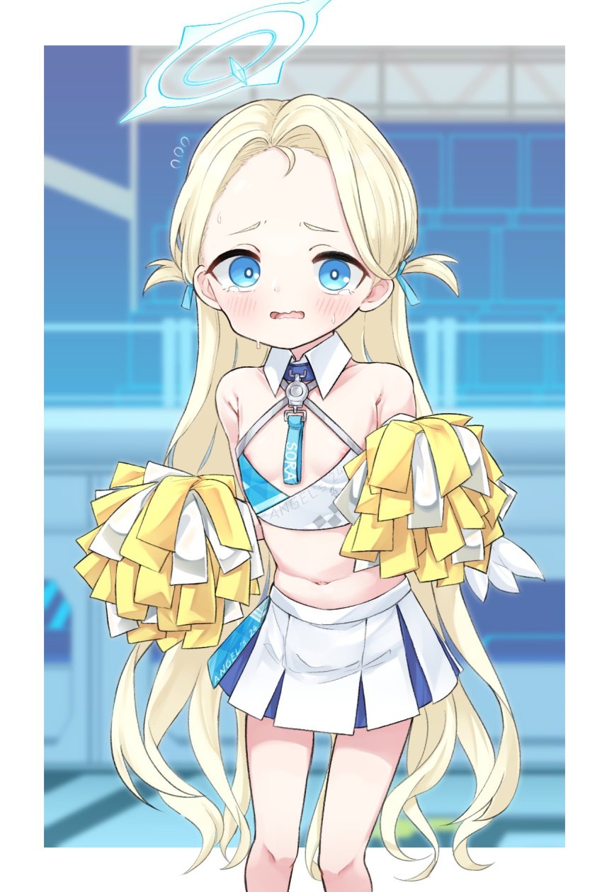 1girl blonde_hair blue_archive blue_eyes breasts cheerleader cosplay detached_collar forehead halo hibiki_(blue_archive) highres jokebag long_hair midriff navel nipple_slip nipples pleated_skirt pom_pom_(cheerleading) skirt small_breasts sora_(blue_archive) wavy_mouth