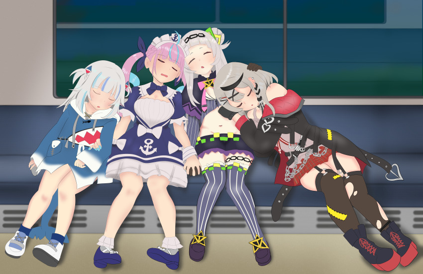 absurdres black_coat blue_dress coat commentary_request dress gawr_gura gawr_gura_(1st_costume) hair_ornament highres hololive hololive_english interlocked_fingers kuronagirai minato_aqua minato_aqua_(1st_costume) murasaki_shion murasaki_shion_(1st_costume) pink_hair sakamata_chloe sakamata_chloe_(1st_costume) sitting sleeping train_interior virtual_youtuber