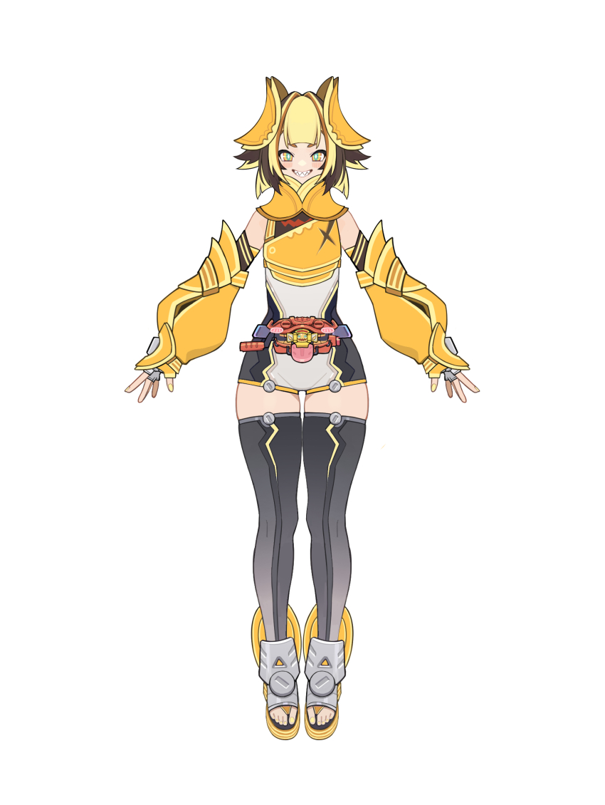 1girl absurdres adk-em armor bandai bandai_namco black_thighhighs blonde_hair blue_eyes chips_(food) detached_sleeves fingerless_gloves food full_body gloves gochizou goz-zz henshin_belt_gavv highres ishimori_prod kamen_rider kamen_rider_gavv kamen_rider_gavv_(series) kamen_rider_gavv_(zakuzakuchips_form) kamen_rider_gavv_zakuzakuchips_form looking_at_viewer multicolored_hair nail_polish personification rider-tan rider_belt sandals short_hair simple_background smile solo thighhighs toei_company tokusatsu tv_asahi two-tone_hair white_background yellow_nails zakuzakuchips_gochizou