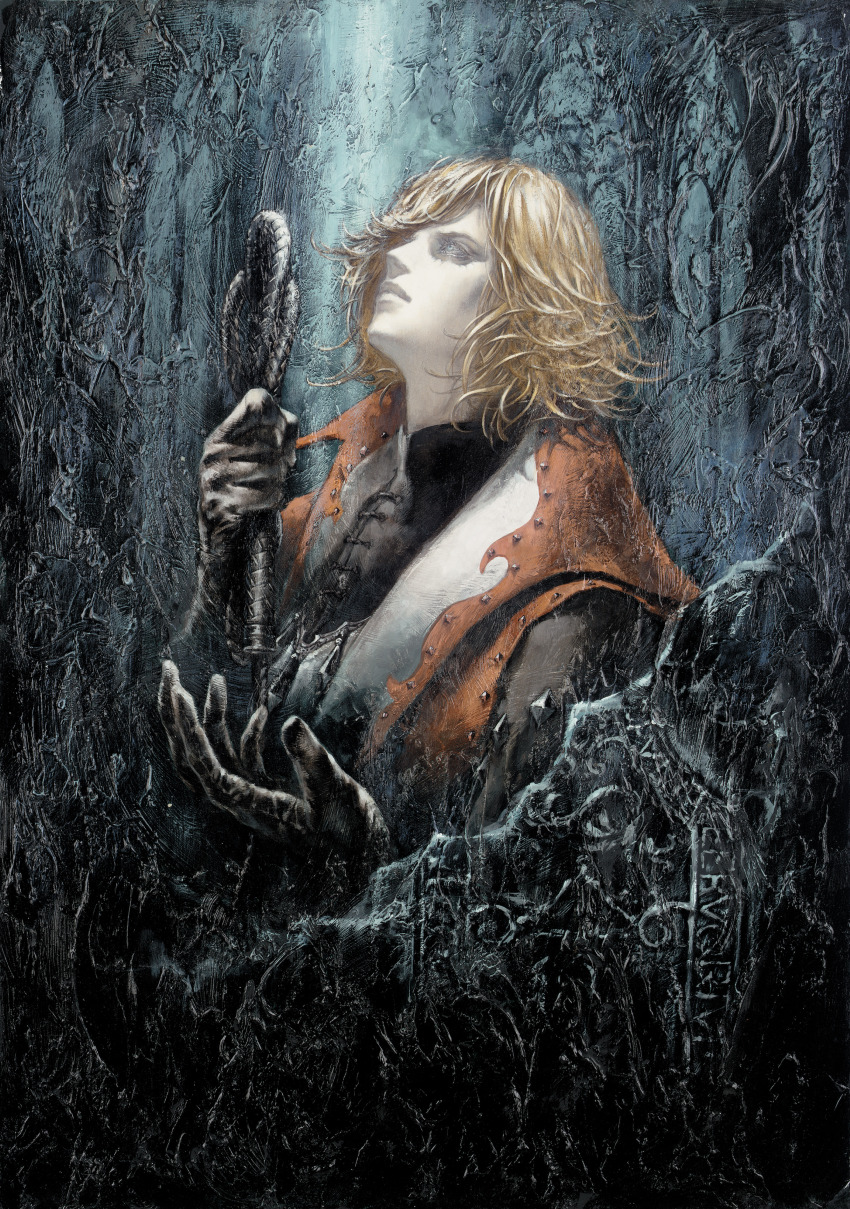 1boy absurdres androgynous armor black_gloves black_jacket blonde_hair blue_eyes breastplate castlevania:_lament_of_innocence castlevania_(series) charcoal_(medium) closed_mouth coat collared_coat cupping_hand expressionless gloves highres holding holding_weapon holding_whip jacket kojima_ayami leon_belmont looking_up male_focus medium_hair messy_hair multicolored_coat official_art oil_painting_(medium) painting_(medium) red_coat sleeveless sleeveless_coat solo swept_bangs third-party_source traditional_media two-tone_coat upper_body weapon whip white_coat