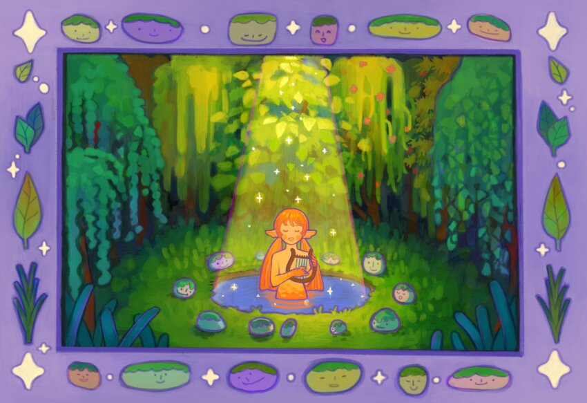 1girl border closed_eyes commentary_request creature fins foliage forest grass head_fins highres holding holding_instrument holding_lyre instrument leaf long_hair lyre mermaid monster_girl music nature orange_hair original ornate_border outdoors plant playing_instrument purple_border singing smile sparkle spotlight star_(symbol) tree twintails water ya0n0524