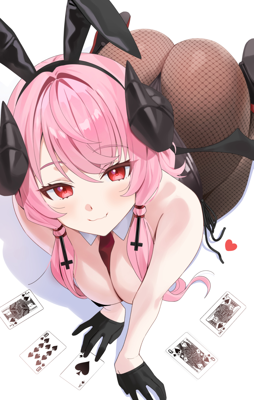 1girl absurdres ace_(playing_card) ace_of_spades all_fours animal_ear_hairband animal_ears ass bernina_(stella_sora) between_breasts black_gloves black_hairband black_horns breasts brown_pantyhose card cleavage closed_mouth curled_horns fake_animal_ears fang fishnet_pantyhose fishnets from_above gloves hairband high_heels highres horns jack_(playing_card) jack_of_spades king_(playing_card) king_of_spades large_breasts leotard long_hair looking_at_viewer low_twintails low_wings meettheton necktie necktie_between_breasts pantyhose pink_hair playboy_bunny playing_card queen_(playing_card) queen_of_spades_(playing_card) rabbit_ear_hairband rabbit_ears red_eyes red_necktie royal_flush smile solo spade_(shape) stella_sora ten_of_spades twintails wings