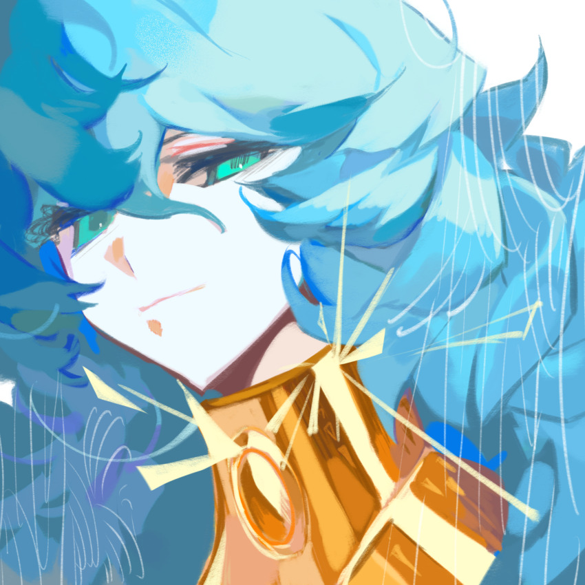 1boy blue_hair glint gold green_eyes half-closed_eyes highres julian_solo light_smile long_hair looking_at_viewer male_focus portrait poseidon_(saint_seiya) saint_seiya snowflake_(diodarja) solo