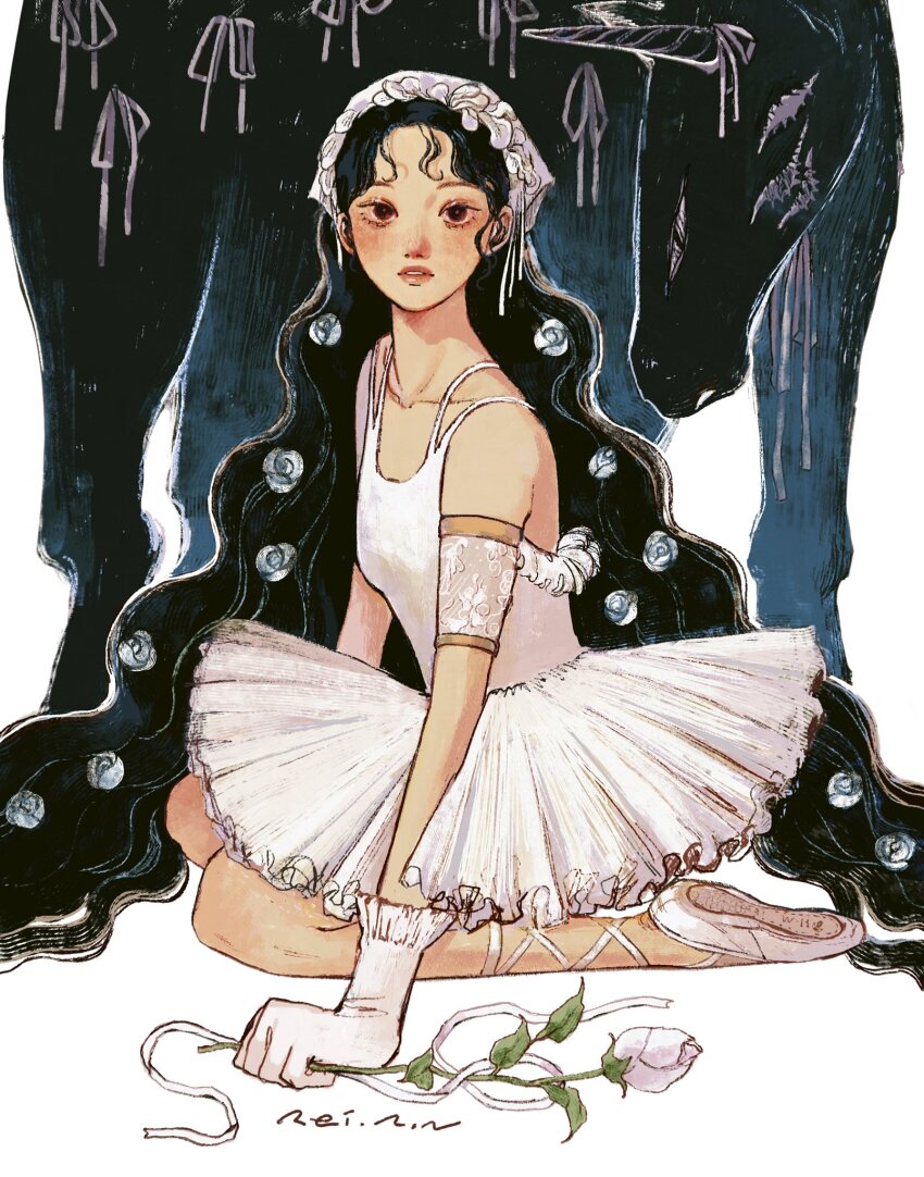 1girl ballerina ballet ballet_slippers black_hair breasts dress flower full_body gloves hair_flower hair_ornament highres horns leotard long_hair looking_at_viewer original rei_h6 signature simple_background single_horn solo tutu unicorn white_flower