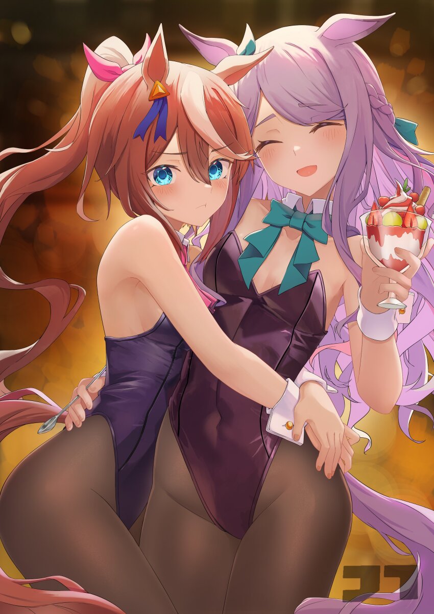 2girls absurdres animal_ears aqua_bow aqua_bowtie bare_shoulders blue_eyes blush bow bowtie braid brown_hair closed_eyes commentary_request cowboy_shot detached_collar ear_ornament fingernails food hair_bow highres holding holding_spoon horse_ears horse_girl horse_tail hug jtleeklm leotard mejiro_mcqueen_(umamusume) multicolored_hair multiple_girls open_mouth pantyhose parfait pink_bow playboy_bunny ponytail purple_hair purple_leotard smile spoon strawberry_parfait streaked_hair tail tokai_teio_(umamusume) umamusume white_hair wrist_cuffs