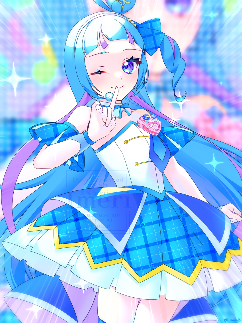 1girl aokaze_nana blue_eyes blue_hair blue_skirt blush breasts collarbone cure_wink detached_collar detached_sleeves dress highres imeri15 kimi_to_idol_precure long_hair one_eye_closed plaid_armband plaid_clothes plaid_ribbon plaid_skirt plaid_sleeves precure purple_hair ribbon short_sleeves skirt small_breasts smile solo strapless strapless_dress