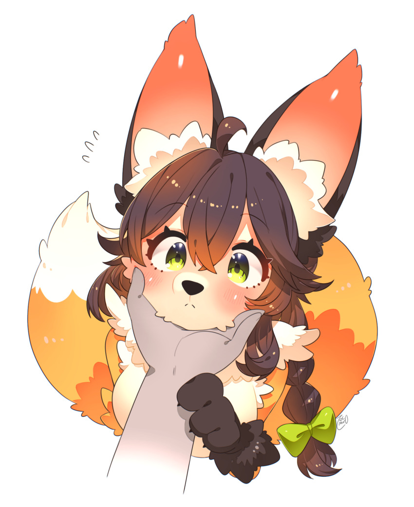 1girl :&lt; ahoge animal_ear_fluff animal_ears animal_nose black_hair body_fur bow breasts claws cropped_torso crossed_bangs disembodied_hand flying_sweatdrops fox_ears fox_girl fox_tail furry furry_female green_bow green_eyes hair_bow hand_on_another&#039;s_chin highres original simple_background tail tareme toconikky upper_body white_background