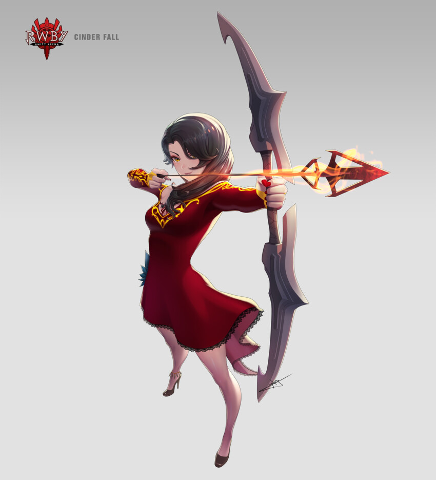 1girl arrow_(projectile) black_hair bow_(weapon) brown_footwear character_name cinder_fall closed_mouth commentary copyright_logo copyright_name dress english_commentary fire flaming_arrow full_body grey_background high_heels highres holding holding_arrow holding_bow_(weapon) holding_weapon long_hair nail_polish official_art orange_eyes red_dress rwby simple_background sky smile solo standing star_(sky) uyalago weapon