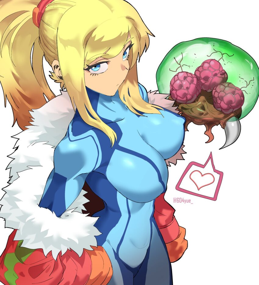 1girl 604yue blonde_hair blue_bodysuit bodysuit breasts covered_erect_nipples fur-trimmed_jacket fur_trim high_ponytail highres impossible_bodysuit impossible_clothes jacket long_hair looking_at_viewer metroid nintendo open_clothes open_jacket ponytail samus_aran solo