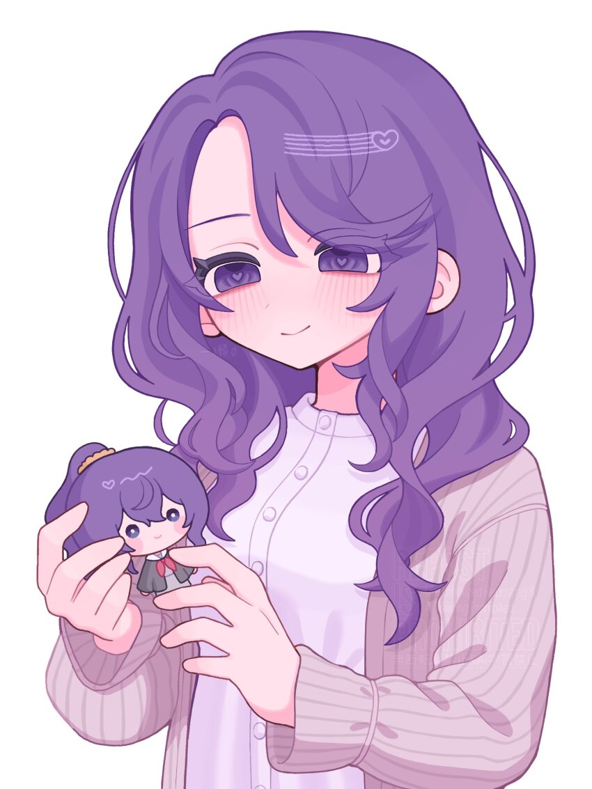 1girl asahina_mafuyu chibi closed_mouth commentary_request doll eyes_visible_through_hair grey_jacket heart heart-shaped_pupils highres hitose_rei holding holding_doll jacket long_hair long_sleeves looking_at_object open_clothes open_jacket parted_bangs project_sekai purple_eyes purple_hair shirt simple_background smile solo symbol-shaped_pupils upper_body watermark white_background white_shirt