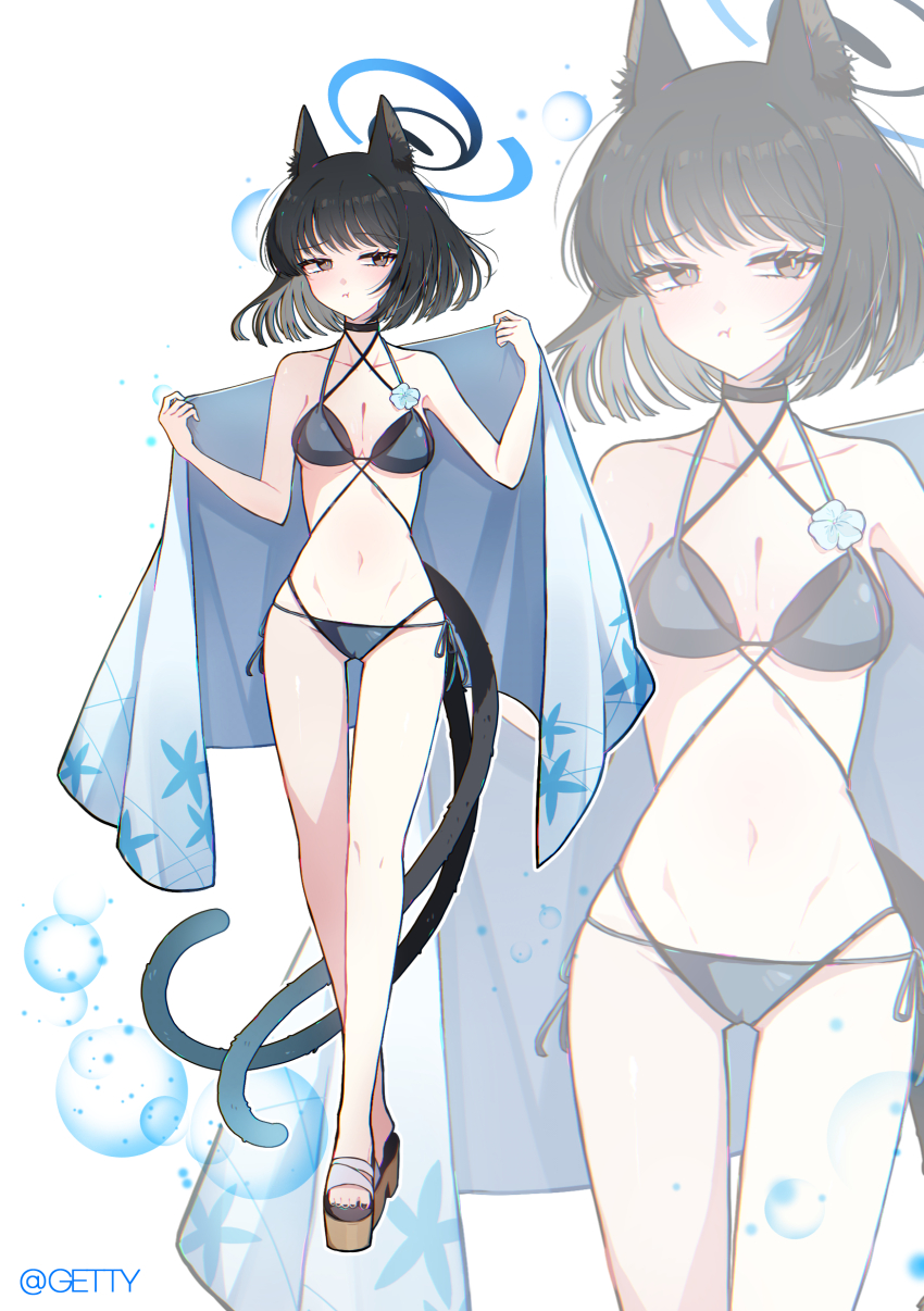 1girl absurdres animal_ears bare_shoulders bellflower bikini black_bikini black_hair blue_archive blue_bikini cat_ears chinese_bellflower flower getty-gy grey_eyes halo highres kikyou_(blue_archive) kikyou_(swimsuit)_(blue_archive) layered_bikini medium_hair multicolored_bikini navel official_alternate_costume sandals swimsuit thighs two-tone_bikini