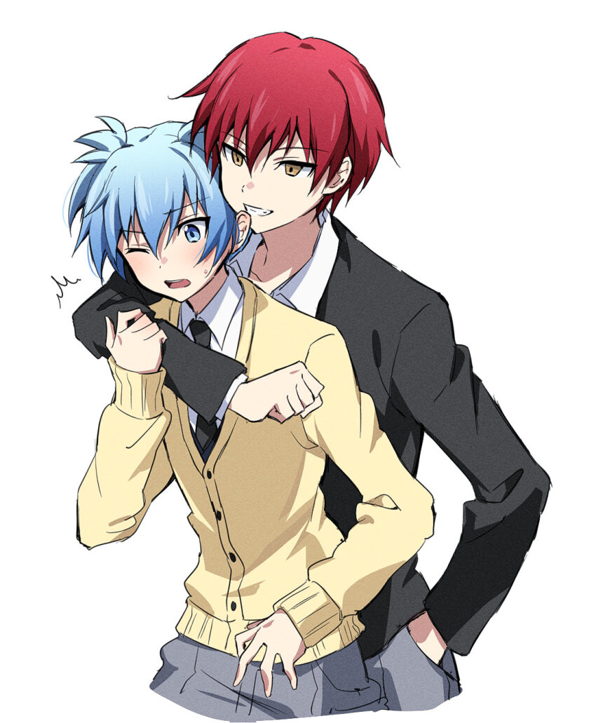 2boys akabane_karma ansatsu_kyoushitsu arm_around_neck biting biting_ear black_cardigan black_necktie blue_eyes blue_hair blush cardigan collarbone collared_shirt cowboy_shot cropped_legs ear_blush fang grey_pants grin hand_in_pocket highres kunugigaoka_middle_school_uniform male_focus multiple_boys necktie one_eye_closed open_mouth pants raised_eyebrow red_hair school_uniform shiota_nagisa shirt short_hair short_twintails simple_background smile surprised sweatdrop teeth twintails upper_teeth_only v-shaped_eyebrows white_background white_shirt yaoi yellow_cardigan yellow_eyes yur11