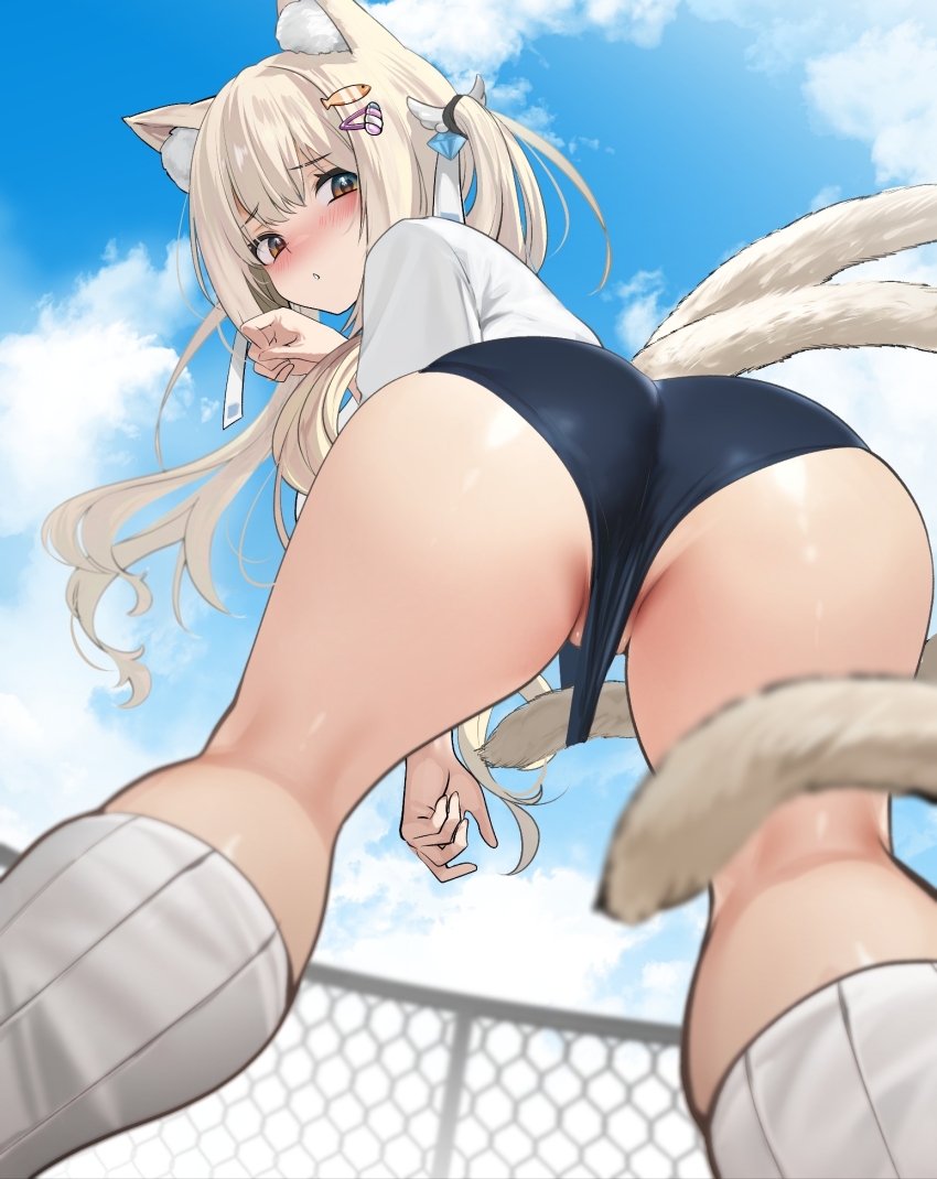 1girl animal_ear_fluff animal_ears ass blonde_hair blue_buruma blush buruma cat_ears cat_tail chain-link_fence commission day fence fish_hair_ornament from_behind from_below hair_ornament hairclip highres long_hair looking_at_viewer looking_back multiple_tails original shirt skeb_commission solo tail teddypocky thighs twintails white_shirt