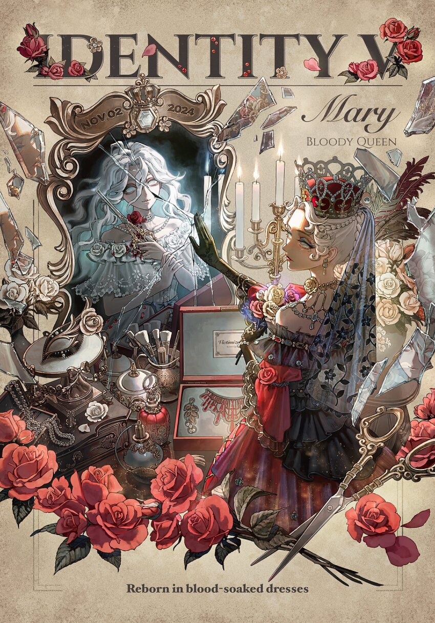 1girl absurdres bare_shoulders black_gloves black_veil blue_eyes blue_eyeshadow bottle box bracelet braid broken_mirror bun_with_braided_base candelabra candle candlestand character_name closed_mouth collarbone commentary_request copyright_name cowboy_shot crown curtained_hair denn_(naluse_flow) different_reflection domino_mask drawer dress dress_flower earrings elbow_gloves english_text expressionless eyeshadow feathers flower flower_necklace gem glass_shards gloves gown hair_between_eyes hair_bun half_mask half_up_braid hand_on_mirror highres holding holding_flower holding_scissors identity_v jar jewel_under_eye jewelry jewelry_box lips lipstick long_sleeves looking_at_viewer looking_back makeup makeup_brush mary_(false_hope)_(identity_v) mary_(identity_v) mask mirror necklace off-shoulder_dress off_shoulder official_alternate_costume official_art parted_bangs pearl_(gemstone) pearl_bracelet pearl_earrings pearl_necklace perfume_bottle petals pink_flower pink_rose red_dress red_flower red_lips red_rose reflection rose scissors short_sleeves single_hair_bun smile solid_eyes solo standing table three-quarter_sleeves tray unworn_earring unworn_jewelry unworn_mask unworn_necklace vanity_table vase veil wavy_hair white_dress white_flower white_hair white_rose yellow_background yellow_flower yellow_rose