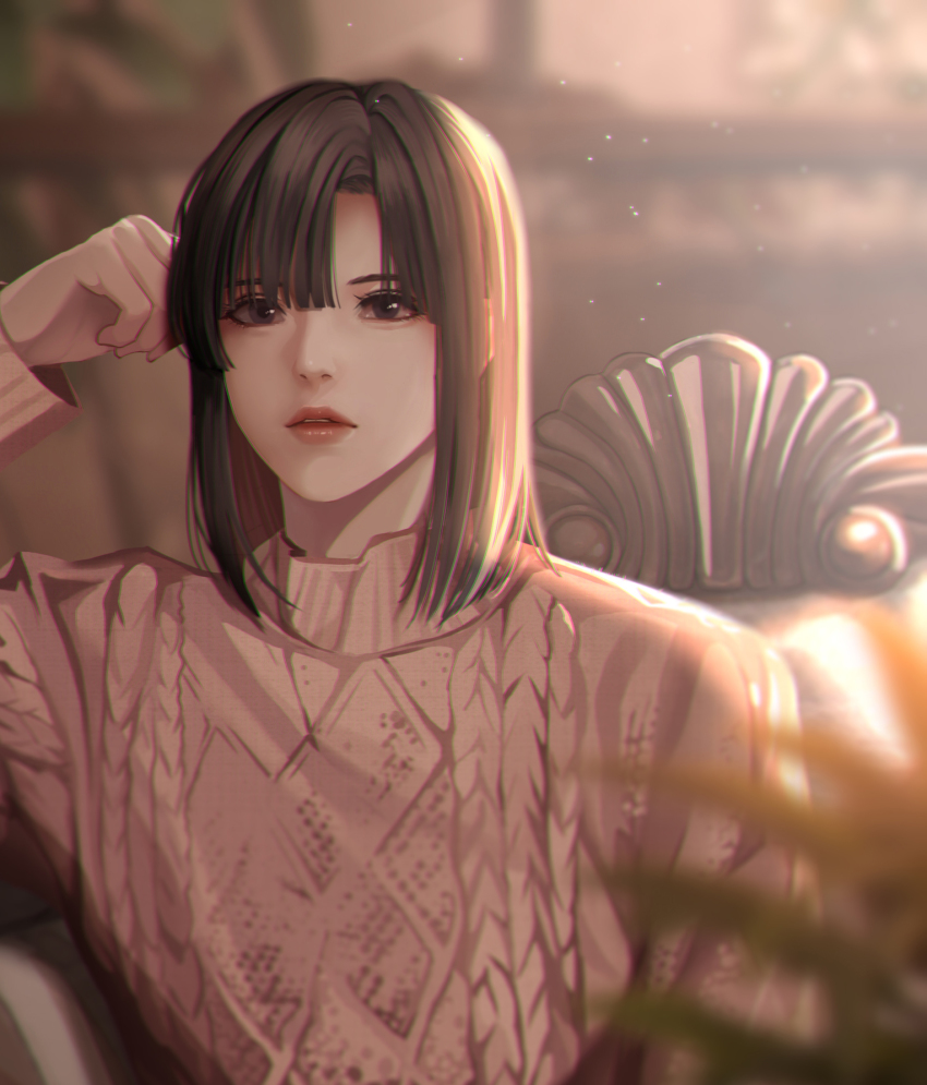 1boy aran_sweater arm_up bishounen bloom blunt_bangs blurry cable_knit chromatic_aberration depth_of_field expressionless hand_on_own_head highres hikaru_no_go light_particles lips looking_at_viewer luanma_luanma male_focus medium_hair parted_bangs parted_lips pink_sweater red_lips solo sunlight sweater touya_akira turtleneck turtleneck_sweater upper_body