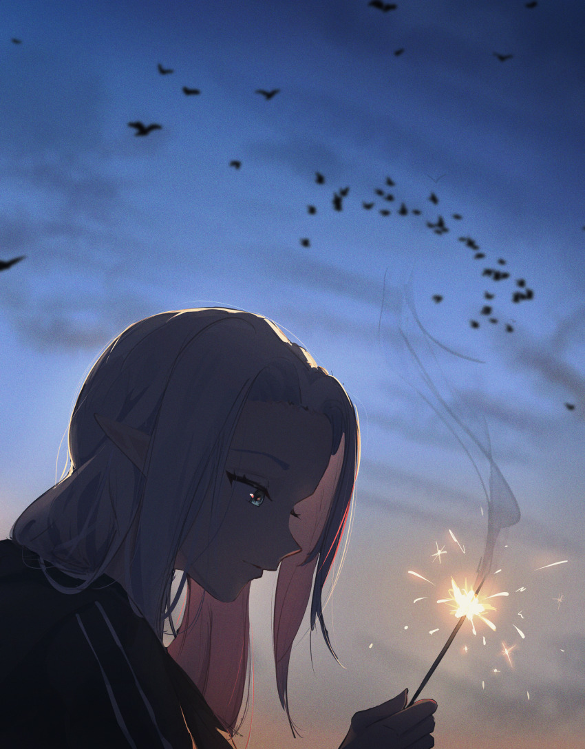1girl absurdres bird blue_eyes blue_sky closed_mouth cloud colored_inner_hair commentary eien_001 elf english_commentary expressionless from_side grey_hair highres holding holding_fireworks long_hair multicolored_hair original outdoors pink_hair pointy_ears profile sky solo sunset upper_body
