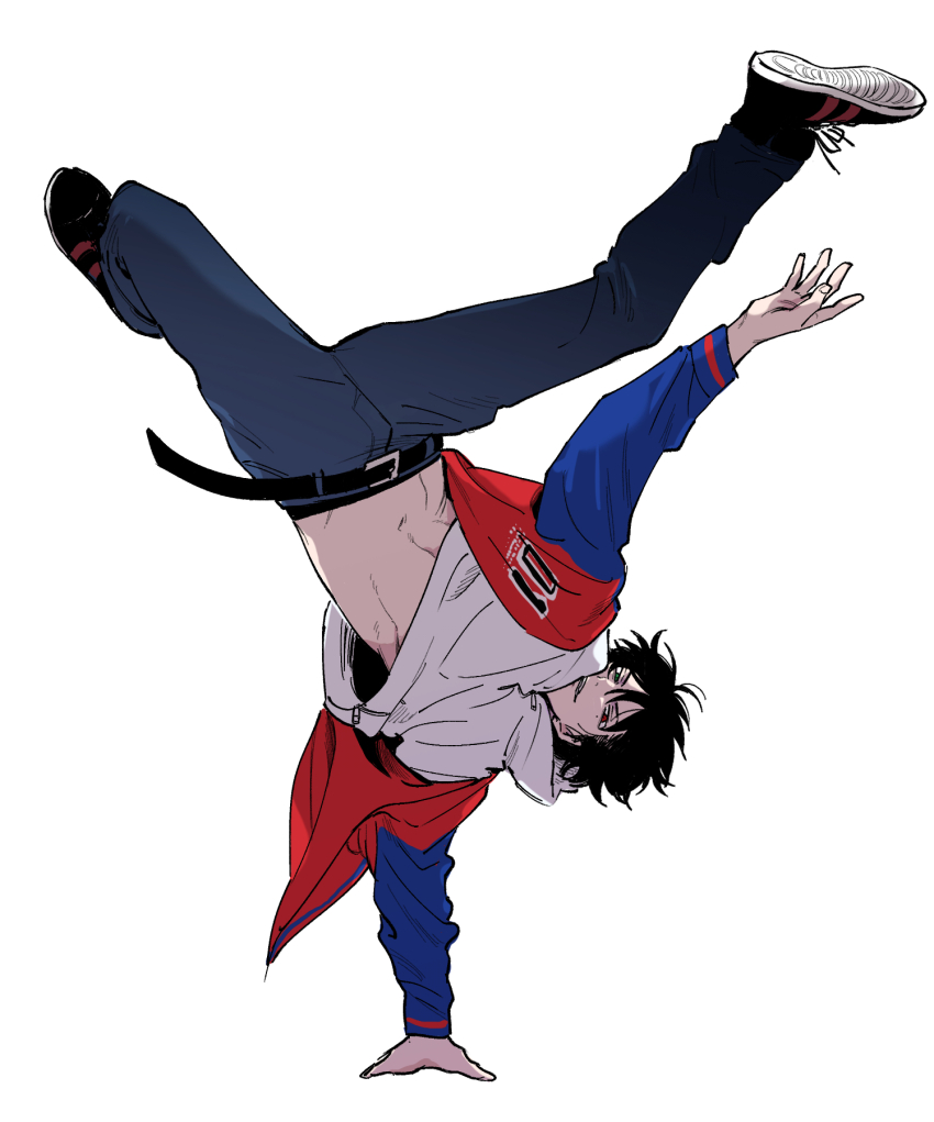 1boy belt black_hair blue_jacket breakdance denim full_body green_eyes handstand heterochromia high_tops highres hood hoodie hypnosis_mic jacket jacket_over_hoodie jeans letterman_jacket long_belt looking_at_viewer male_focus midriff_peek mole mole_under_eye multicolored_jacket one_arm_handstand pants red_eyes red_jacket shoes simple_background smile sneakers solo upside-down white_background white_hoodie x09cc yamada_ichiro