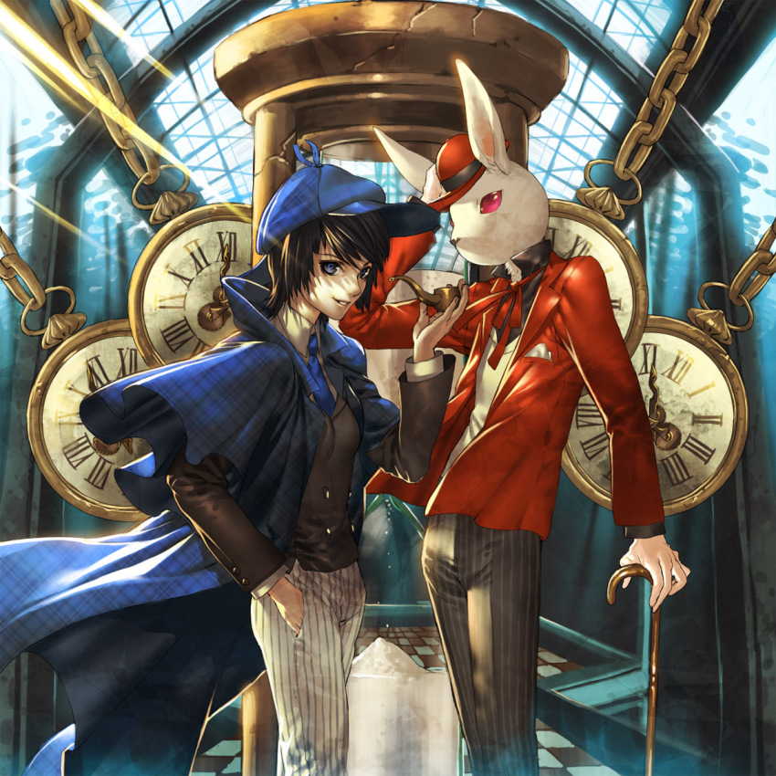 1girl bad_id bad_pixiv_id black_hair buttons cane cloak clock cosplay deerstalker double-breasted grin hand_in_pocket hat highres hourglass inverness_cape john_hamish_watson john_hamish_watson_(cosplay) lips omoide_no_ie pink_eyes pinstripe_pattern red_eyes roman_numeral sherlock_holmes sherlock_holmes_(cosplay) short_hair smile smoking_pipe striped_legwear sumiobunnya usagi_(omoide_no_ie) vertical-striped_legwear yukkuri_(omoide_no_ie)