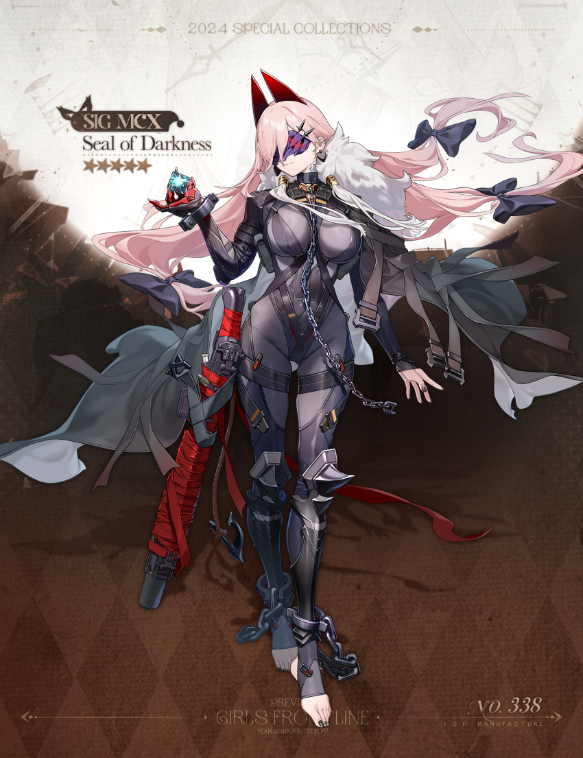 1girl 2024 analog_clock aqua_gemstone belt black_coat black_leotard black_nails black_ribbon bodysuit chain character_name clock coat commentary copyright_name cuffs earrings english_commentary english_text extra_eyes eye_mask feet fingernails full_body fur-trimmed_coat fur_trim gemstone_request girls&#039;_frontline glowing glowing_eyes grey_bodysuit gun hair_ornament hair_over_one_eye hair_ribbon heart heart_earrings highres horns jewelry leotard long_hair looking_at_object mechanical_hands nail_polish official_alternate_costume official_art phantom_thief pink_hair promotional_art purple_mask red_eyes red_horns ribbon rifle roman_numeral second-party_source shackles sig_mcx sig_mcx_(girls&#039;_frontline) sig_mcx_(seal_of_darkness)_(girls&#039;_frontline) single_mechanical_hand solo spiked_kneepads standing star_(symbol) stirrup_legwear toeless_legwear toenail_polish toenails toes very_long_hair weapon weapon_wrap yitiao_er-hua