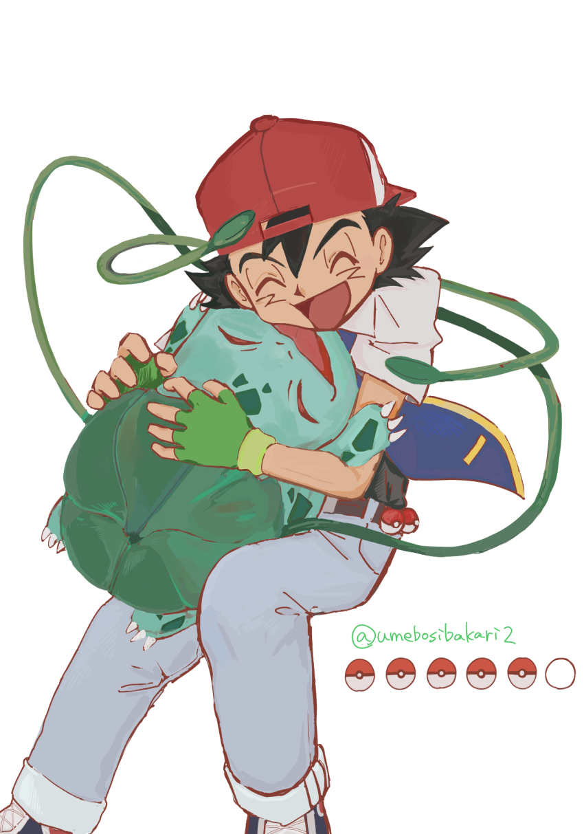 1boy ash_ketchum backwards_hat baseball_cap belt black_hair blue_jacket bulbasaur closed_eyes commentary_request creatures_(company) fingerless_gloves game_freak gen_1_pokemon gloves green_gloves hat highres holding holding_pokemon jacket male_focus nintendo open_mouth pants plant poke_ball poke_ball_(basic) pokemon pokemon_(anime) pokemon_(classic_anime) pokemon_(creature) red_hat short_hair short_sleeves simple_background smile twitter_username umebosibakari2 vines white_background