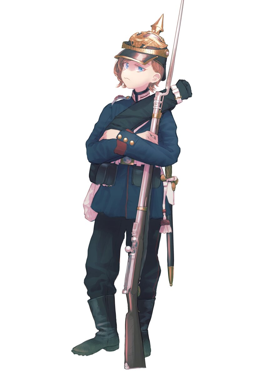 1girl absurdres ammunition_pouch antique_firearm bag bayonet bedroll belt black_boots black_pants blue_eyes blue_jacket boots brown_hair buttons closed_mouth collar_tabs combat_helmet crossed_arms dreyse_m1841 firearm full_body german_commentary gun helmet highres holding holding_gun holding_weapon jacket karasumi_(sumizono) load_bearing_equipment long_sleeves looking_at_viewer military military_jacket military_uniform original pants pickelhaube pouch prussia red_trim sheath sheathed short_hair short_sword shoulder_boards simple_background soldier solo standing sword weapon white_background white_belt