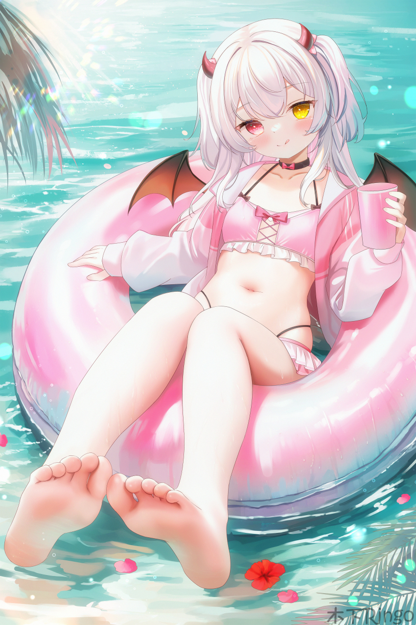 1girl :q absurdres afloat artist_name bare_legs barefoot bikini bikini_skirt black_choker blush breasts chinese_commentary choker closed_mouth commentary_request cup day demon_girl demon_horns demon_wings double-parted_bangs feet flower foot_focus frilled_bikini frills grey_hair hair_between_eyes heterochromia highleg highleg_bikini highres holding holding_cup horns innertube jacket kinoshita_ringo_(ryve5758) layered_bikini legs long_hair long_sleeves looking_at_viewer navel open_clothes open_jacket original outdoors palm_leaf petals pink_bikini pink_jacket puffy_long_sleeves puffy_sleeves red_eyes red_flower small_breasts soles solo swim_ring swimsuit tinted_eyewear toes tongue tongue_out two_side_up water wet wings yellow_eyes