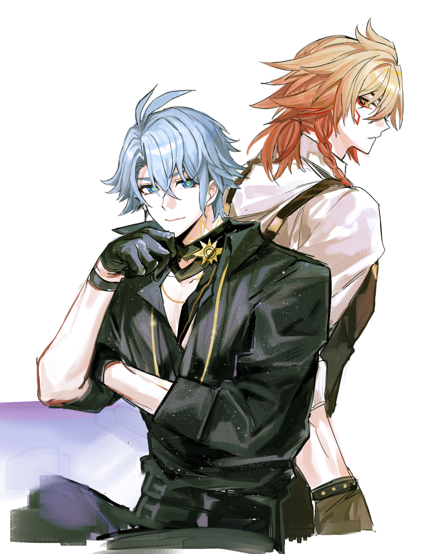 2boys antenna_hair apron black_choker black_gloves black_pants black_shirt blonde_hair blue_eyes braid brown_apron choker collared_shirt commentary_request facial_tattoo gloves gradient_hair hair_between_eyes half_gloves highres honkai:_star_rail honkai_(series) korean_commentary male_focus medium_hair multicolored_hair multiple_boys mydei_(honkai:_star_rail) neck_tattoo official_alternate_costume pants phainon_(fashion)_(honkai:_star_rail) phainon_(honkai:_star_rail) red_hair red_tattoo shirt short_hair side_braid simple_background sleeves_rolled_up sun_symbol sun_tattoo tan tattoo teugga3162 white_background white_hair white_shirt yellow_eyes