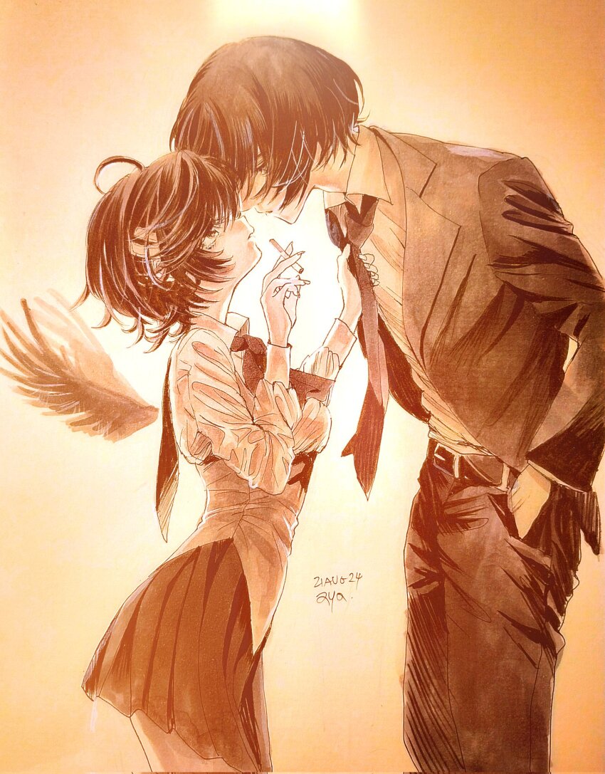 1boy 1girl ahoge aya_carmine cigarette clothes_grab eye_contact face-to-face formal_clothes hands_in_pockets highres hitomi_hirosuke_(sayonara_wo_oshiete) looking_at_another millipen_(medium) monochrome necktie necktie_grab neckwear_grab nib_pen_(medium) pen_(medium) sayonara_wo_oshiete school_uniform short_hair skirt suit takada_nozomi traditional_media wings