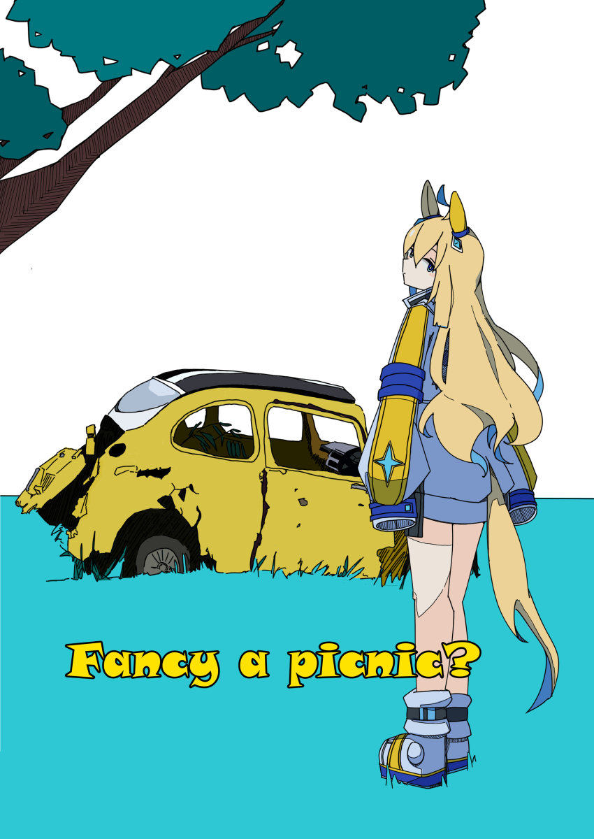 1girl abandoned absurdres ahoge animal_ears arms_at_sides blonde_hair blue_eyes boots broken car coat colored_inner_hair english_text fiat fiat_500 grass hair_ornament highres horse_ears horse_girl horse_tail long_hair looking_at_viewer looking_back motor_vehicle multicolored_hair neo_universe_(umamusume) sleeves_past_fingers sleeves_past_wrists solo standing sudzume tail tree umamusume white_boots white_coat