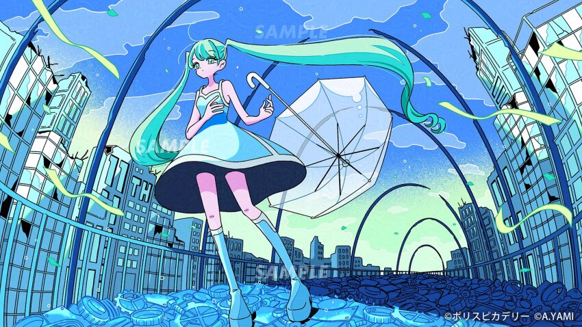 1girl alternate_costume aqua_eyes aqua_hair blue_dress boots city cityscape closed_mouth cloud commentary dress full_body gradient_sky hair_between_eyes hatsune_miku long_hair looking_ahead loose_hair_strand nakazawa_ayami railing sample_watermark sky sleeveless sleeveless_dress solo streamers transparent transparent_umbrella twintails umbrella very_long_hair vocaloid watermark white_boots