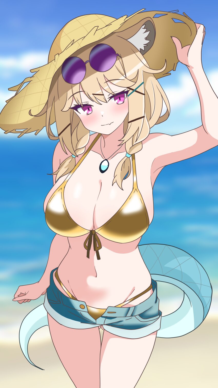 1girl absurdres alternate_costume animal_ear_fluff animal_ears arknights arm_up bare_arms beach bikini blue_sky blush breasts cleavage cloud cloudy_sky collarbone commentary_request cowboy_shot day eggplant7217 eyewear_on_head front-tie_bikini_top front-tie_top gem gold_bikini hair_ornament hat highres huge_breasts jewelry light_smile looking_at_viewer navel necklace ocean outdoors purple-tinted_eyewear purple_eyes short_shorts shorts sky solo stomach straw_hat sunglasses swimsuit tinted_eyewear utage_(arknights) x_hair_ornament