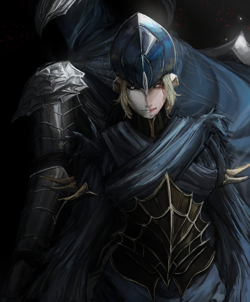 1boy 1girl armor artorias_the_abysswalker black_armor blonde_hair blood blood_on_face blue_armor blue_cape breastplate broken_mask cape commentary dark_souls_(series) dark_souls_i english_commentary evil_smile full_armor glowing glowing_eyes helm helmet highres knight light_smile lord&#039;s_blade_ciaran mask pauldrons satsu-strive short_hair shoulder_armor smile yellow_eyes