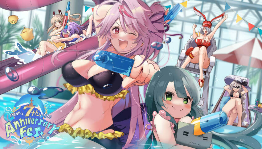 6+girls absurdres aquila_(azur_lane) aquila_(sardegnian_shallows_and_sunshine)_(azur_lane) ayanami_(azur_lane) azur_lane bikini black_bikini blush breasts closed_mouth crossed_legs frilled_bikini frills glowworm_(azur_lane) green_eyes green_hair grenville_(azur_lane) groin hat highres holding holding_water_gun javelin_(azur_lane) large_breasts long_hair manjuu_(azur_lane) multiple_girls navel official_alternate_costume one_eye_closed prinz_heinrich_(azur_lane) prinz_heinrich_(rabbit_on_watch)_(azur_lane) purple_hair red_eyes stomach swept_bangs swimsuit tonchinkan water water_gun water_slide waterpark wet white_hair white_hat