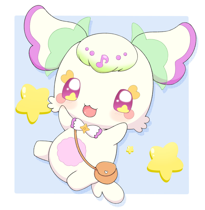 1girl :3 :d absurdres azuo_(azuo_ksy) bag blonde_hair blue_background blush blush_stickers bow bowtie chibi chibi_only chibikemo commentary_request creature creature_focus eighth_note facial_mark fairy furry furry_female gradient_hair green_hair heart heart_facial_mark highres kimi_to_idol_precure multicolored_bow multicolored_bowtie multicolored_hair musical_note open_mouth pink_eyes pouch precure purirun_(precure) shoulder_bag smile solo star_(symbol) star_in_eye symbol_in_eye two-tone_background two-tone_bow two-tone_bowtie two-tone_hair white_background white_bow white_bowtie yellow_fur